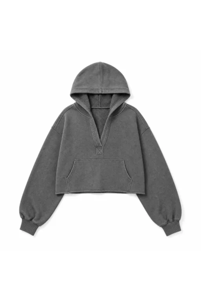 Women Spring Raw Edge V Neck Cropped Pullover Hoodie