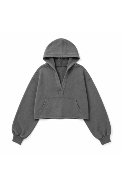 Women Spring Raw Edge V Neck Cropped Pullover Hoodie