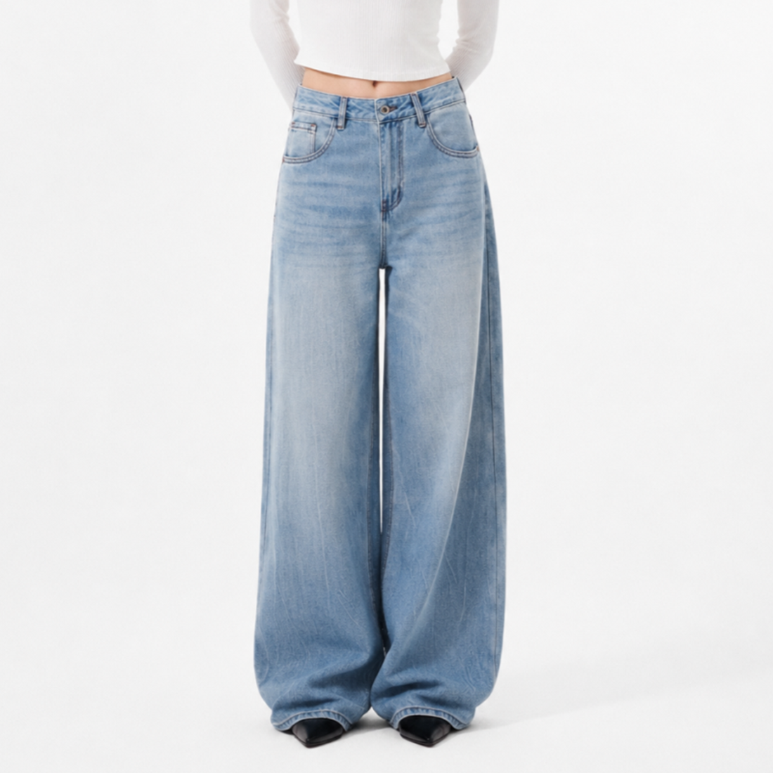 Women's 100% Cotton High Waist Wash Wide Leg Jeans