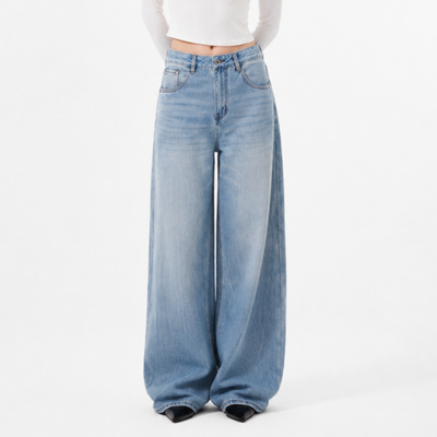 Women's 100% Cotton High Waist Wash Wide Leg Jeans