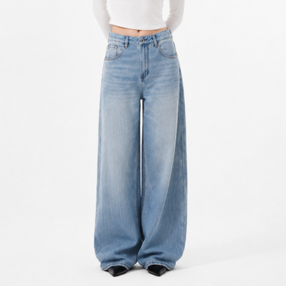 Women's 100% Cotton High Waist Wash Wide Leg Jeans