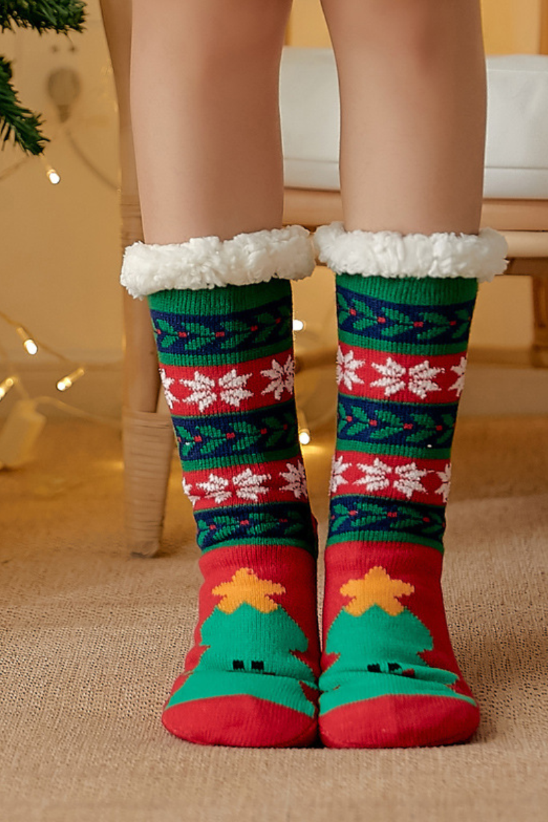 Women Winter Christmas Sherpa Lined Non Slip Slipper Socks