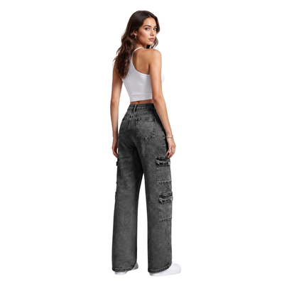 Women's High Waist Cargo Straight Jeans