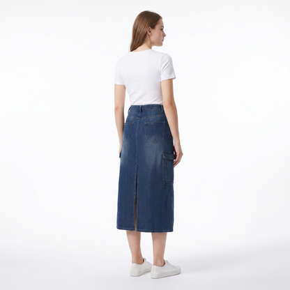 Women's High Waist Front Slit Denim Midi Skirt