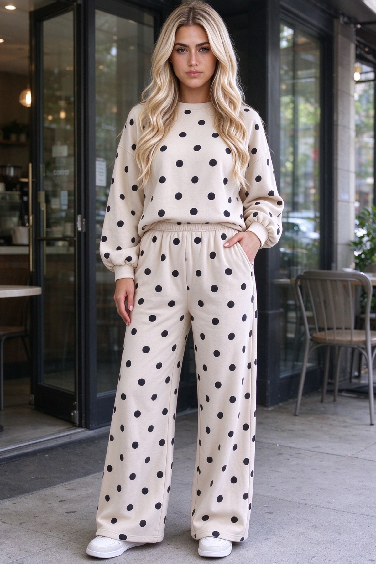 Women Fall Clothing Polka Dot Sweatshirt Wide Leg Set