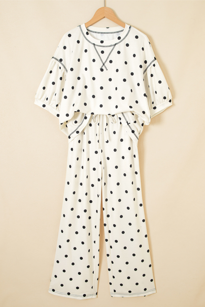 Women's Summer Polka Dot Print Midi Sleeve 2 Piece Set