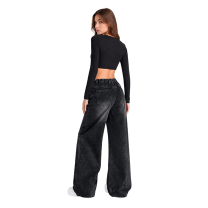 Women's high-rise wide-leg jeans with a half-elastic waist