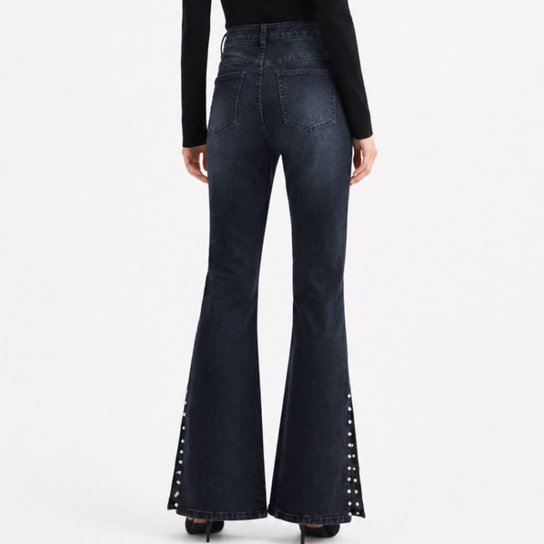 Women's High Waist Flare Jeans with Side Pearl Details