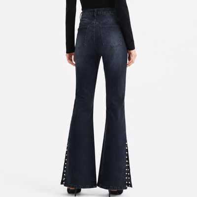 Women's High Waist Flare Jeans with Side Pearl Details