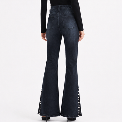 Women's High Waist Flare Jeans with Side Pearl Details