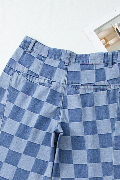 Women Fall Clothing Vintage Checkerboard Wide Leg Jeans