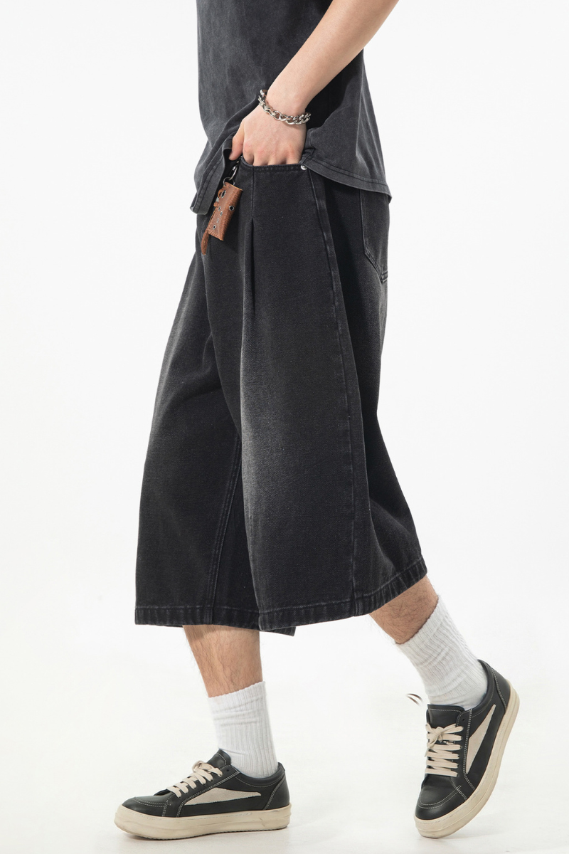 Men's Summer Washed Pleated Straight Cropped Denim Shorts