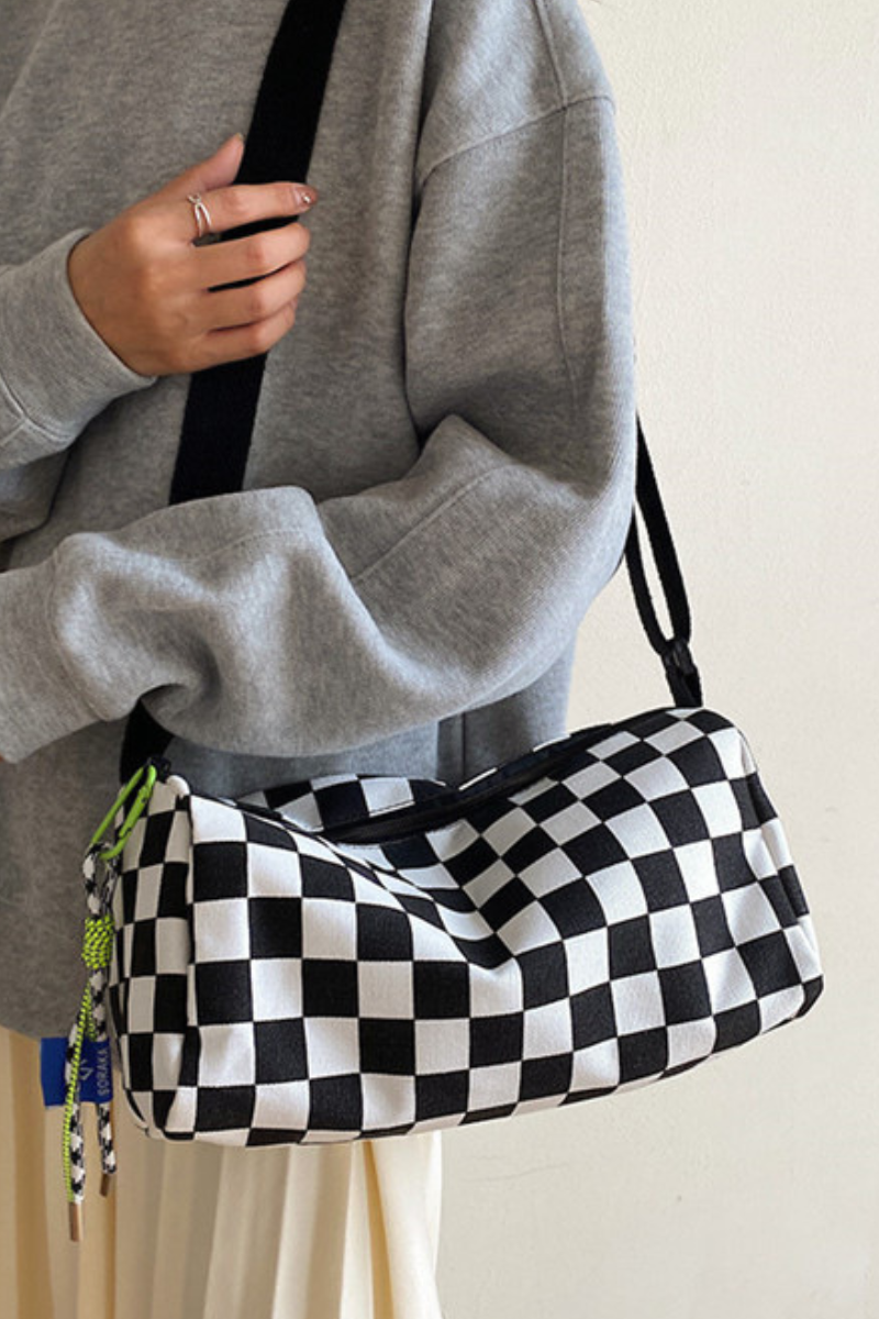 Women Fall Checkered Canvas Cylinder Crossbody Bag