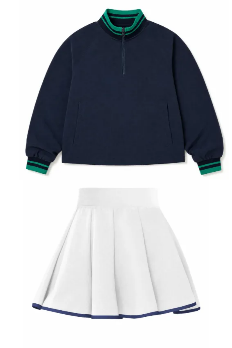 Women Spring Half Zip Cropped Tennis Skirt Activewear Set