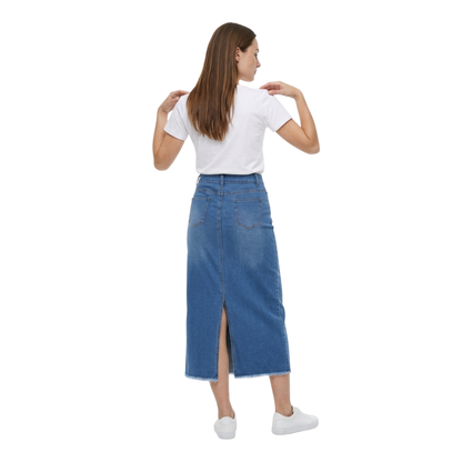 Women's High Waist A-Line Front Slit Denim Midi Skirt