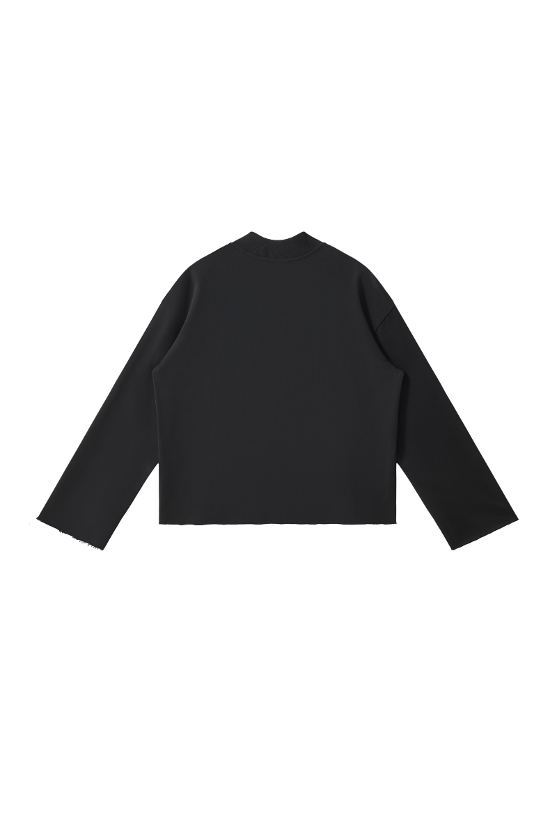 Women Fall Boxy Frayed Hem Mock Neck Long Sleeve Top