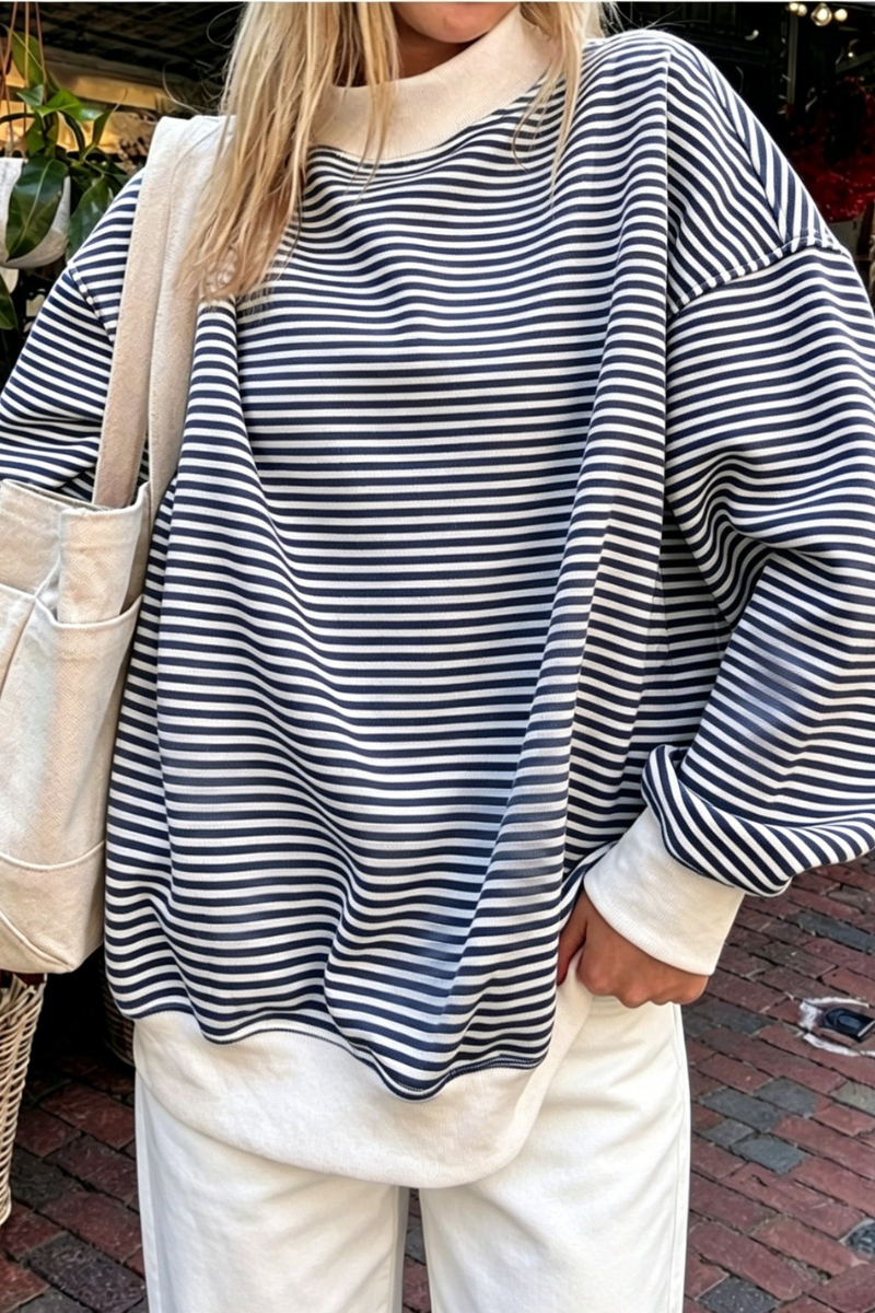 Women Spring Striped Mock Neck Oversized Cotton Sweatshirt
