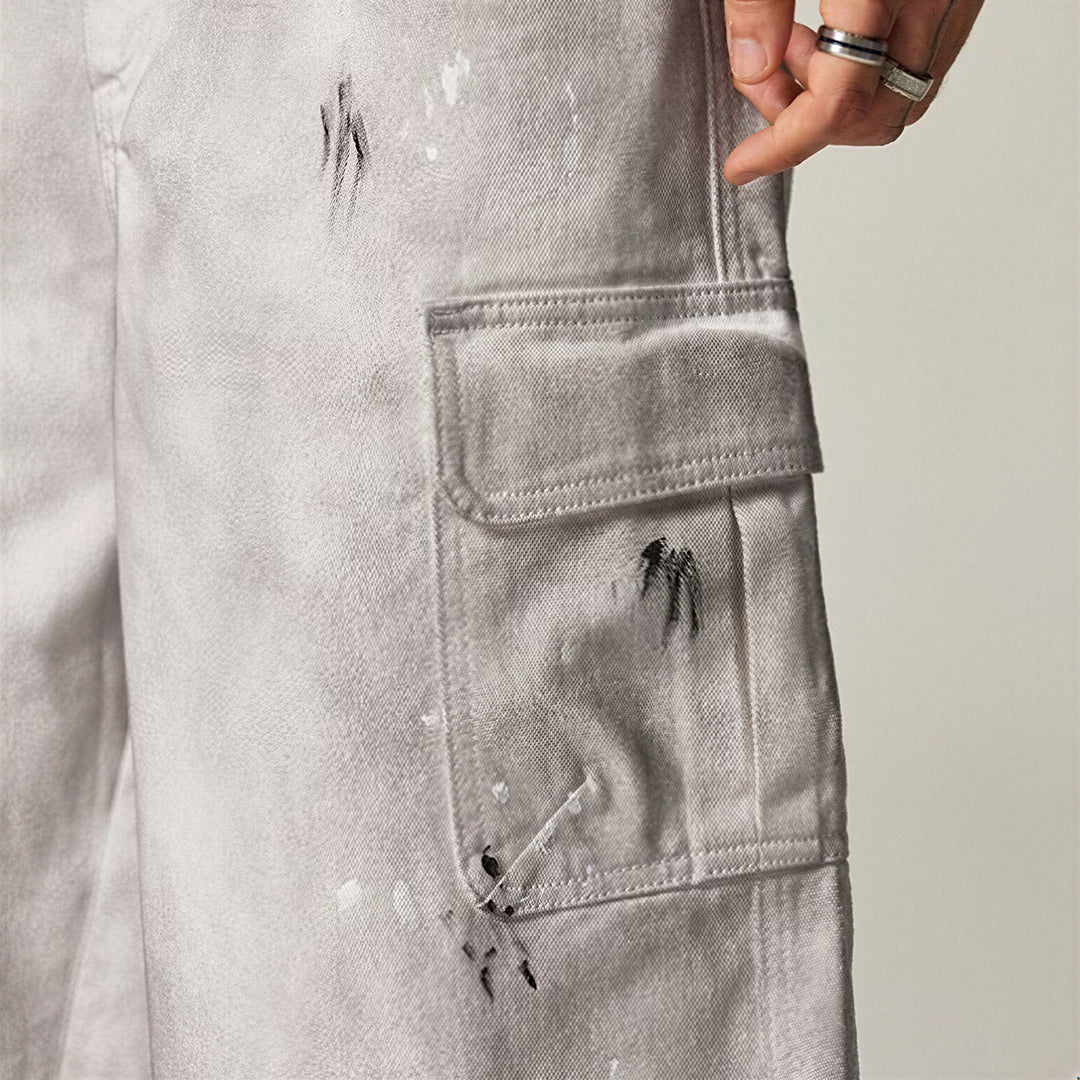 Men's Spring Gradient Splatter Cargo Wide-Leg Denim Shorts
