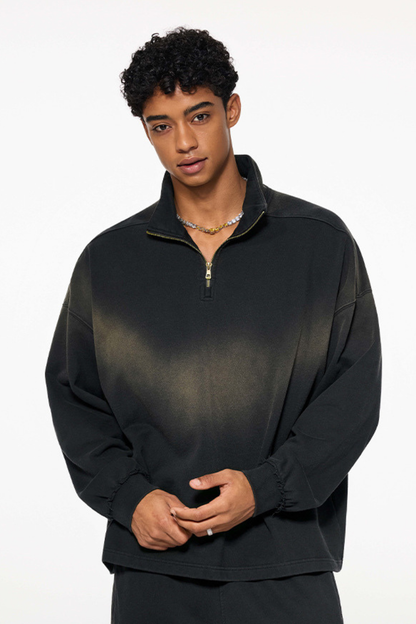 Men's 465g Mock Neck Patch Raw Washed Half Zip Sweatshirt
