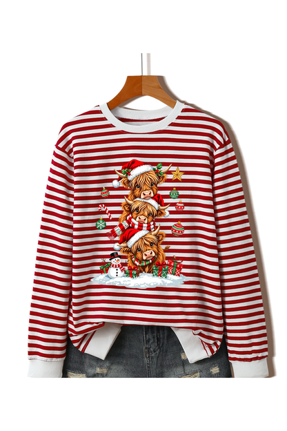 Women's Fall Christmas Cow Graphic Striped Crew Sweatshirt