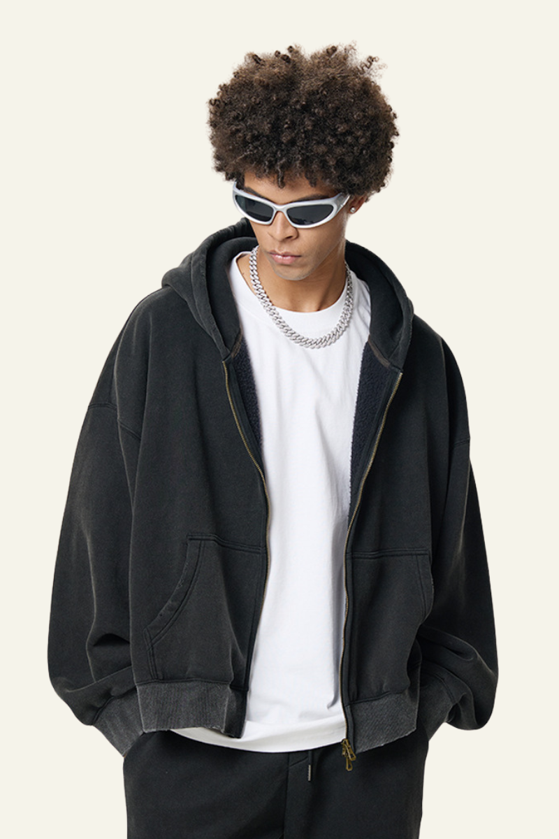 Men's Heavyweight Washed Full Zipper Hooded Jacket