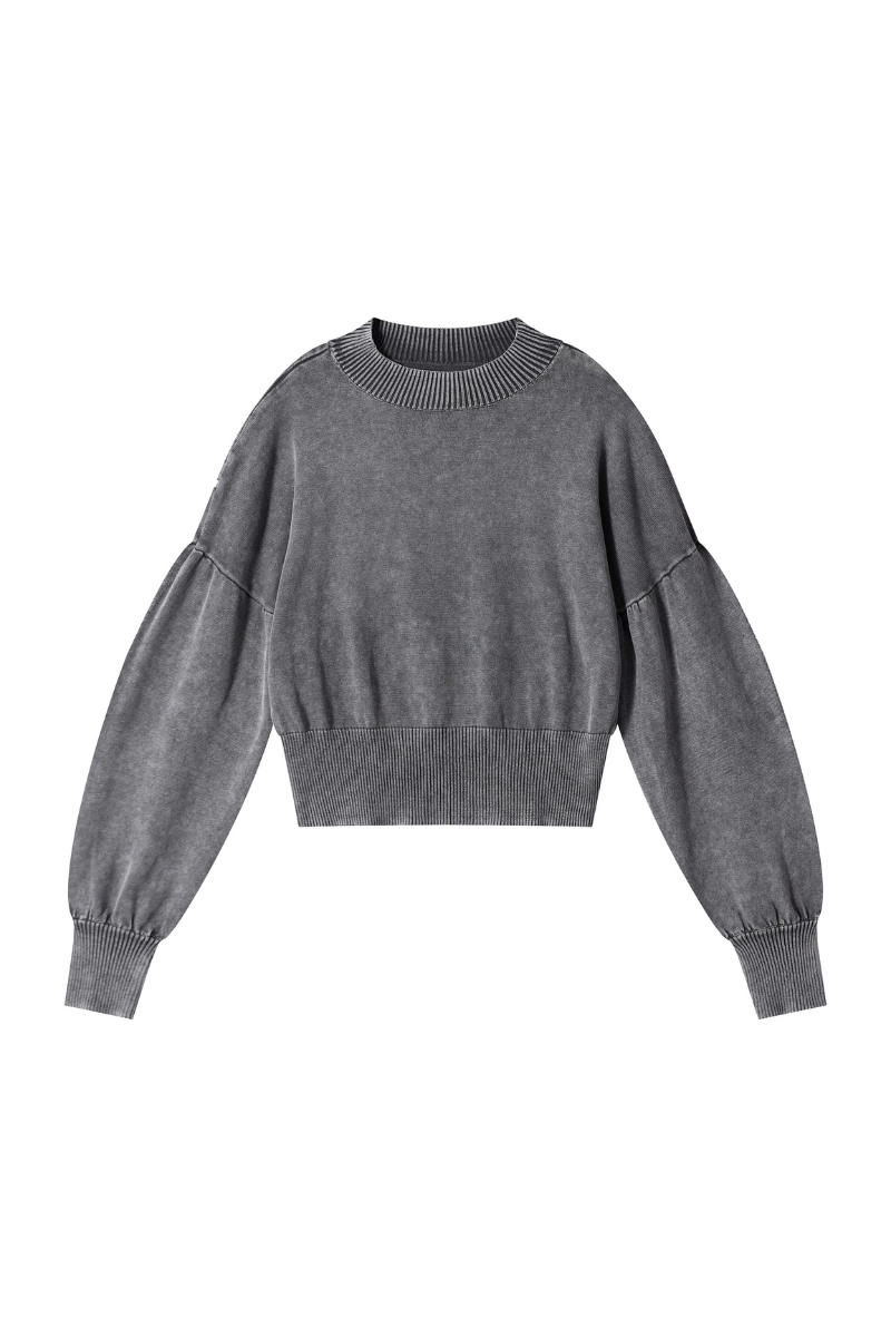 Women Fall Clothing Snow Washed Balloon Sleeve Knit Sweater