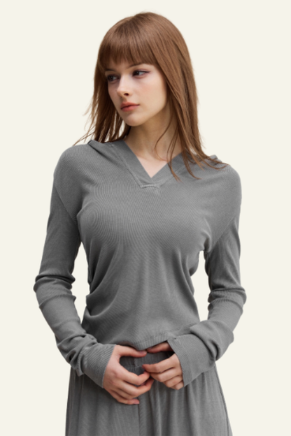 Women's Long Sleeve Deep V-Neck Slim Fit Hooded Top