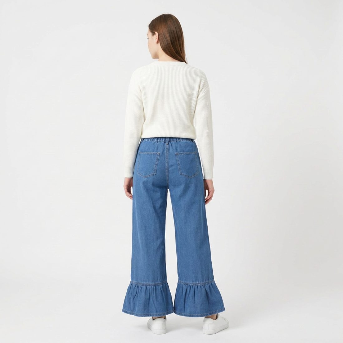 Women's High Waist Ruffle Hem Wide Leg Jeans