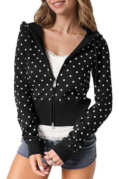 Women Fall Clothing Polka Dot Cropped Zip Hoodie Jacket