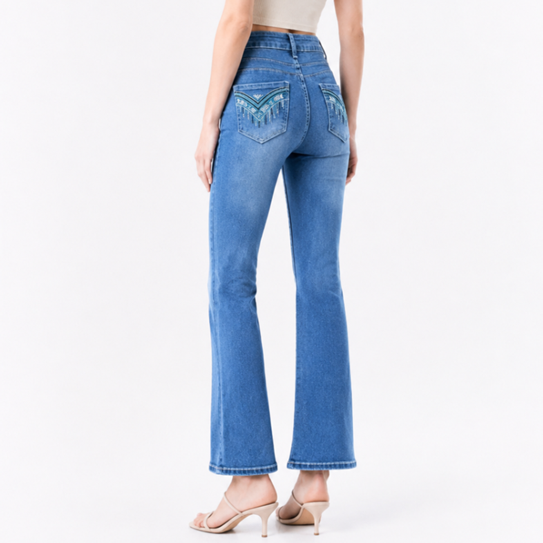 Women's High Waist Stretch Embroidered Pockets Flare Jeans