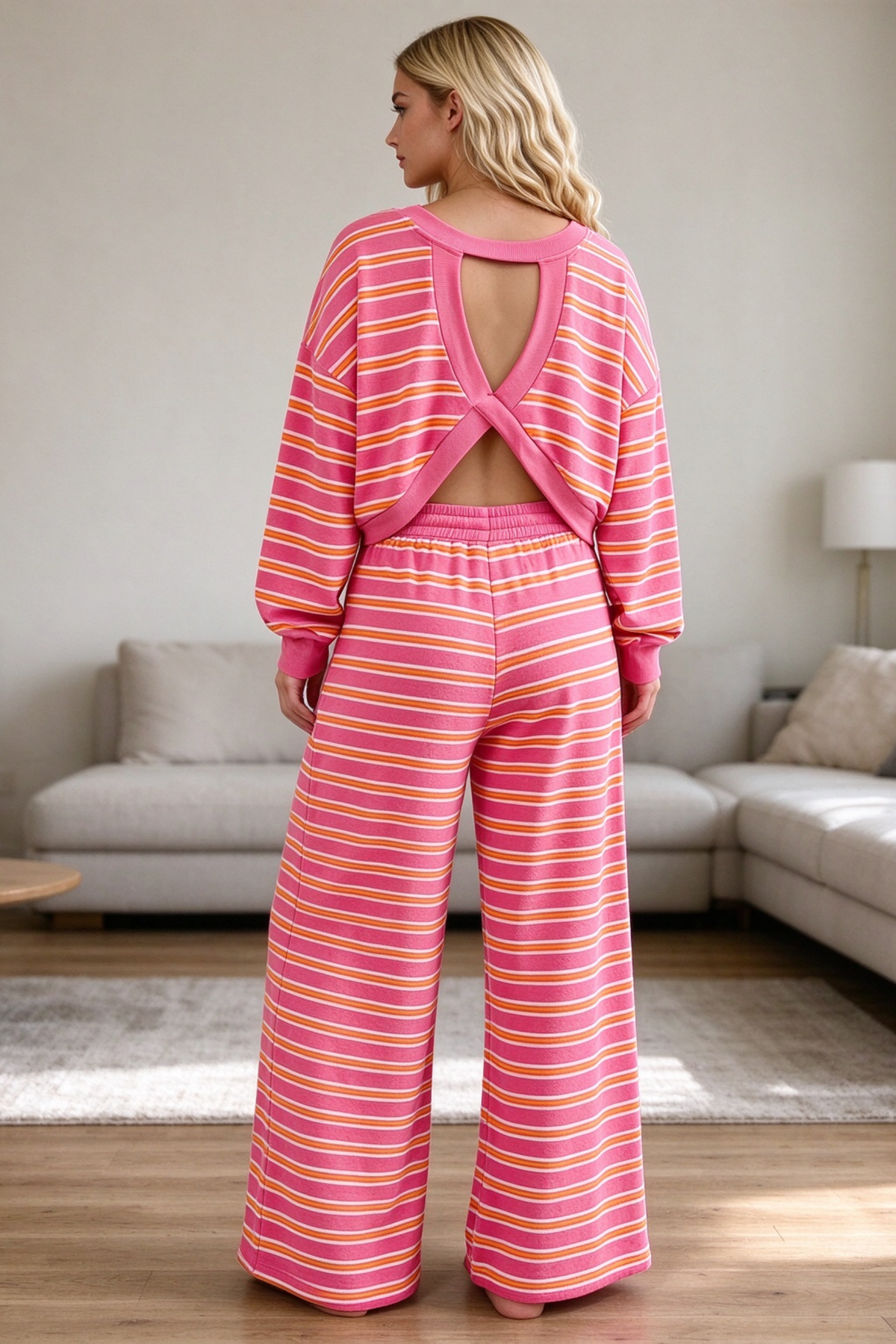 Women's Fall Cutout Striped Loose 2 Piece Set