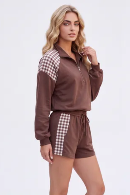 Women Winter Christmas Gingham Half Zip Top Shorts Set