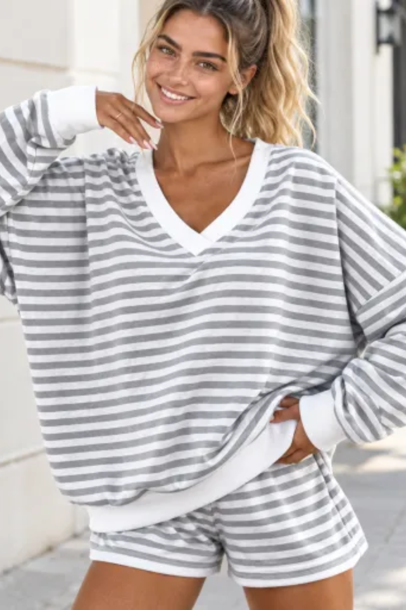 Women Spring Striped V Neck Lounge Top and Shorts Set