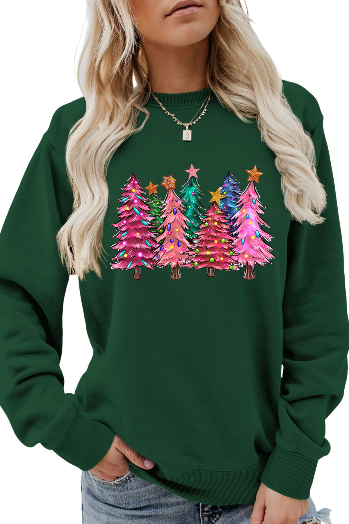 Women's Fall Christmas Tree Graphic Print Crew Sweatshirt