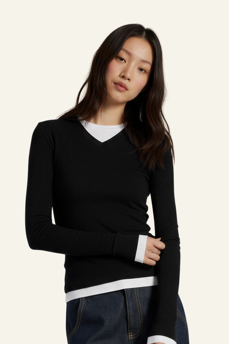 Women V-Neck Layered Long-Sleeve Knit T-Shirt