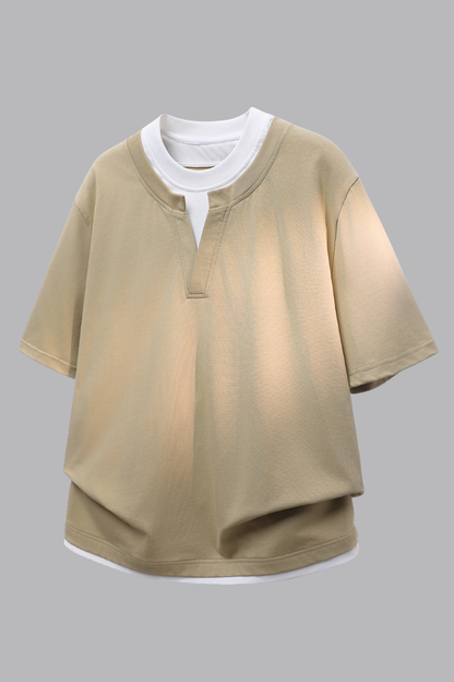 Men's Summer Mock Layer Henley Colorblock Tee