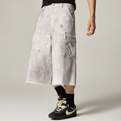 Men's Spring Gradient Splatter Cargo Wide-Leg Denim Shorts