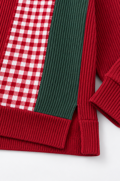 Women's Fall Christmas Red Green Plaid Colorblock Rib Sweatshirt