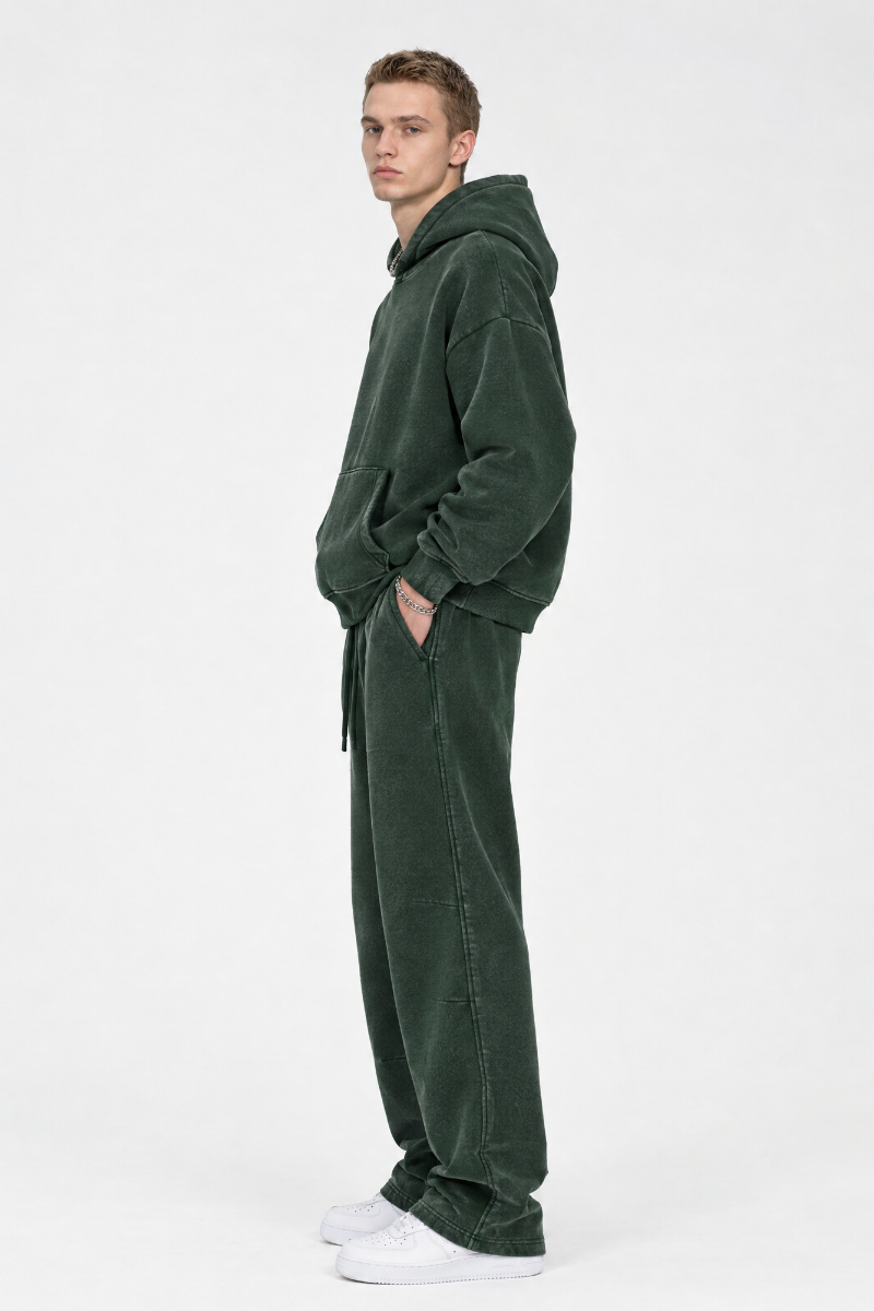 Men Fall Clothing Faded Fleece Hoodie & Wide-Leg Pants Set