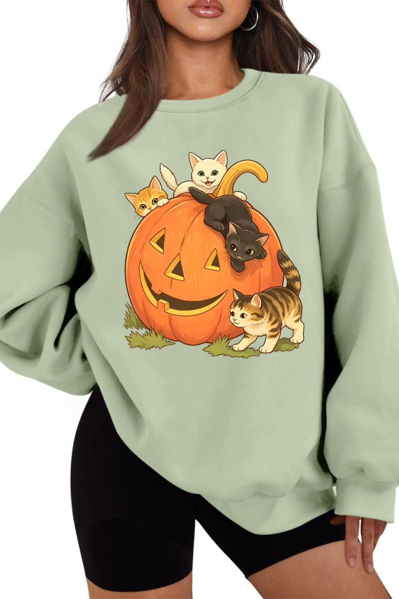 Women Fall Halloween Cat Pumpkin Oversized Sweatshirt