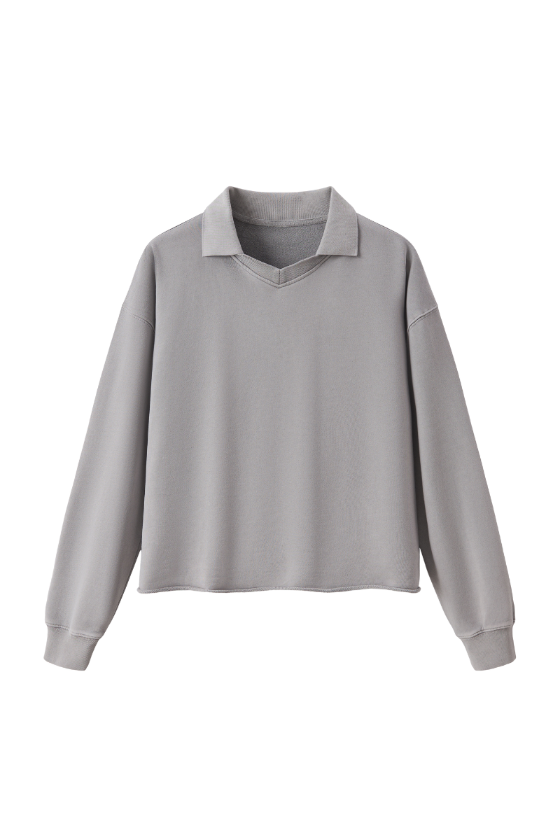 Women Fall Snow Wash Polo Collar Cropped Sweatshirt