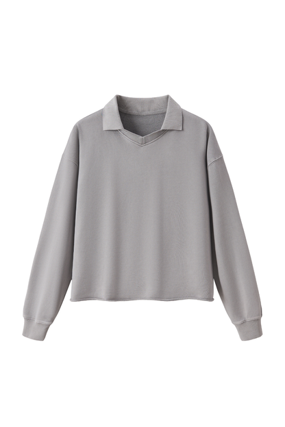 Women Fall Snow Wash Polo Collar Cropped Sweatshirt