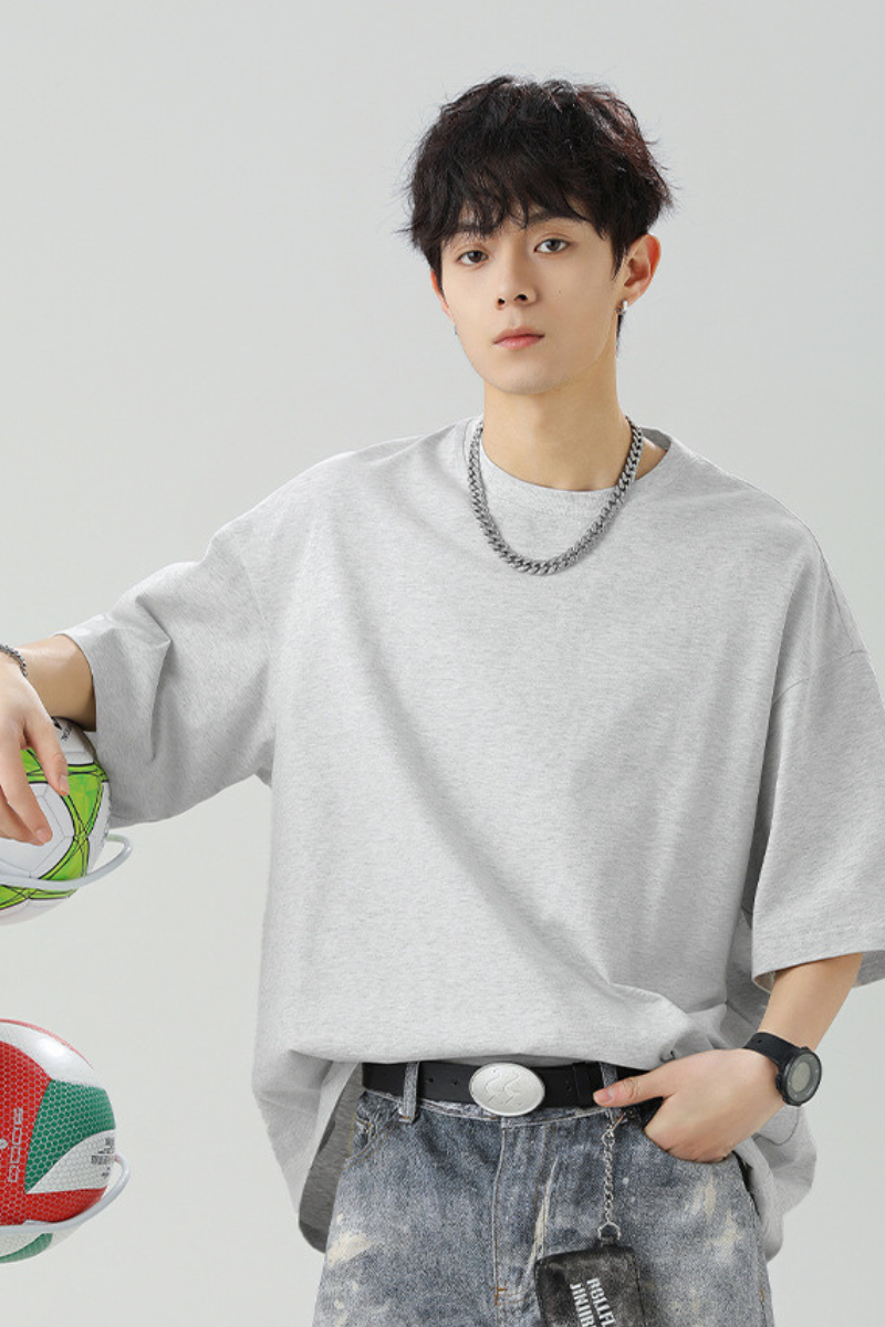 Men's Summer Japanese Loose Cotton Solid Crewneck Basics Tee
