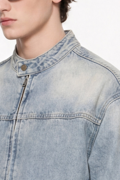 Men's 385g Washed Patchwork Denim StandCollar Zip Jacket