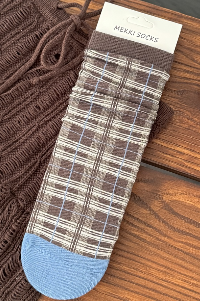 Women Fall Vintage Plaid Slouch Cozy Stretch Mid Calf Socks