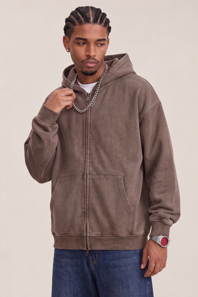 Men Fall Clothing Snow Wash Brushed Fleece Zip Hoodie