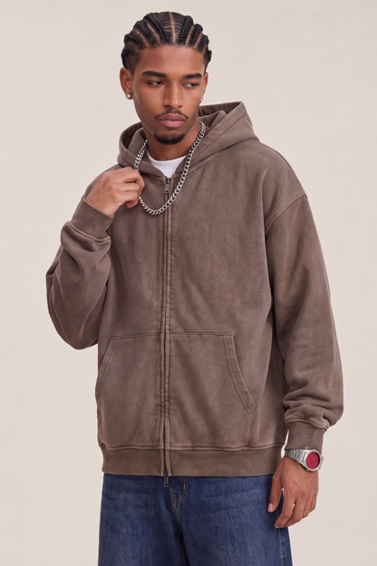 Men Fall Clothing Snow Wash Brushed Fleece Zip Hoodie