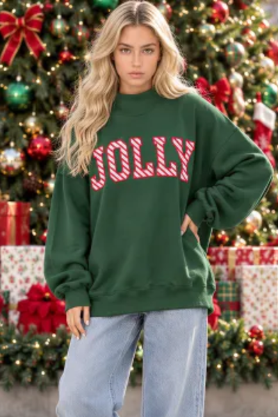 Women's Fall Christmas Embroidered Mock Neck Sweatshirt