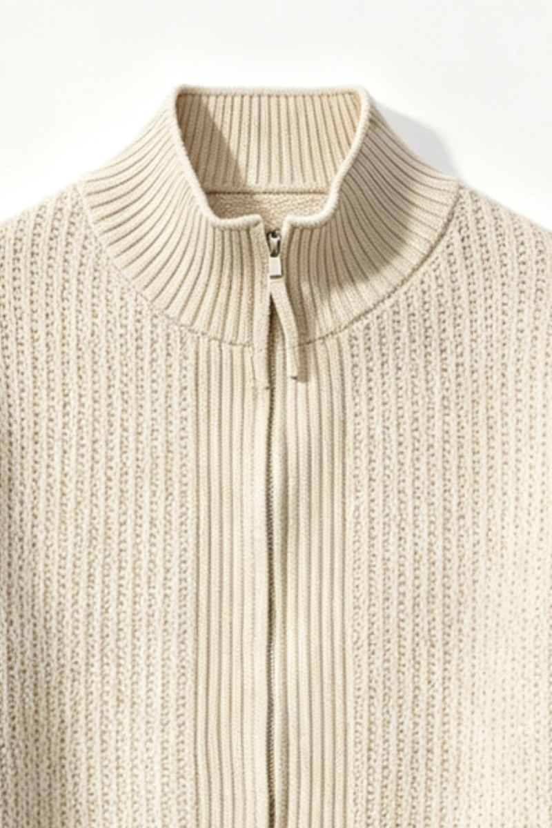 Men's Fall Winter Ribbed Mock-Neck Zip-Up Knit Cardigan