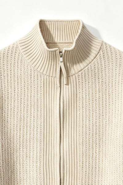 Men's Fall Winter Ribbed Mock-Neck Zip-Up Knit Cardigan